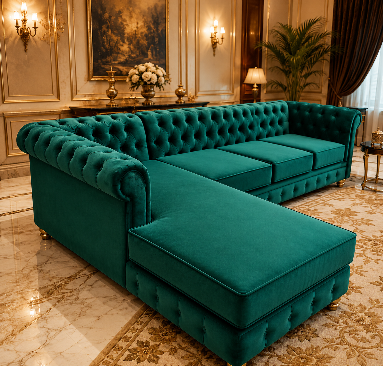 Velvet Chesterfield L Shape Sofa Set