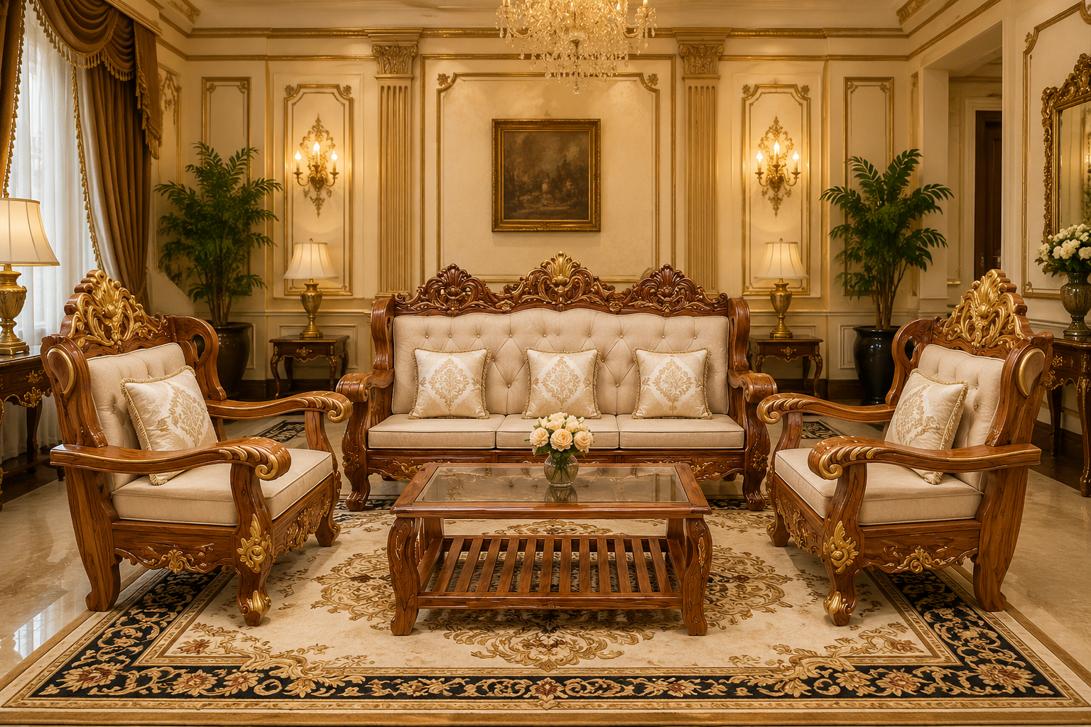 Teak Wood Sofa Set (3+1+1) with Center Table