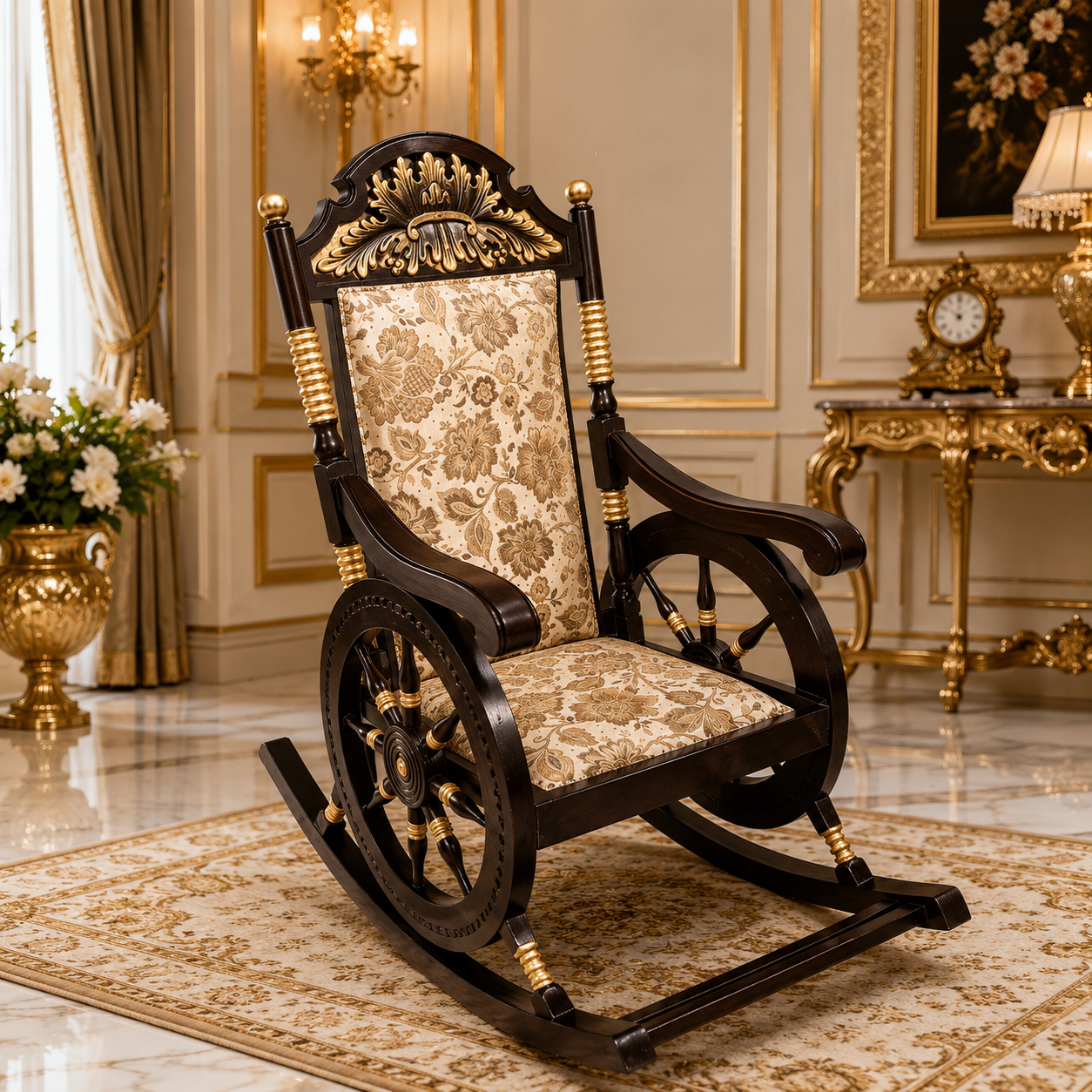 Luxury Royal Wooden Rocking Chair with Upholstered Seat
