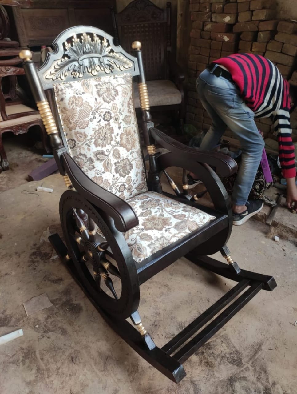 Luxury Royal Wooden Rocking Chair with Upholstered Seat