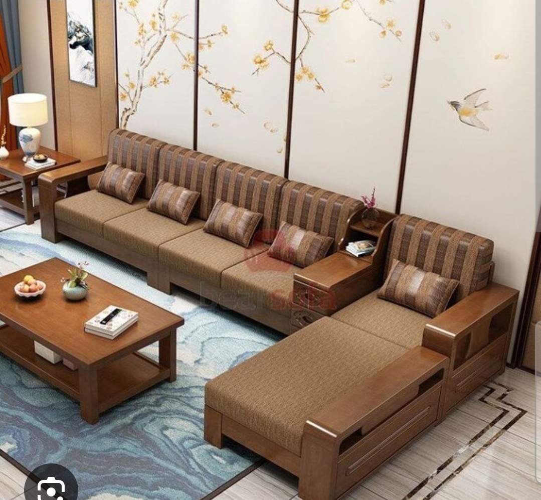 Luxury Wooden L Shape Sofa Set with Center Table
