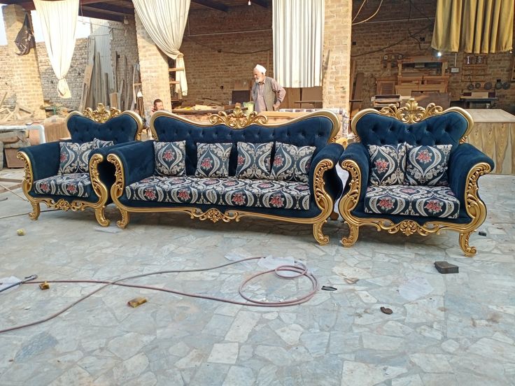 Luxurious velvet blue sofa set