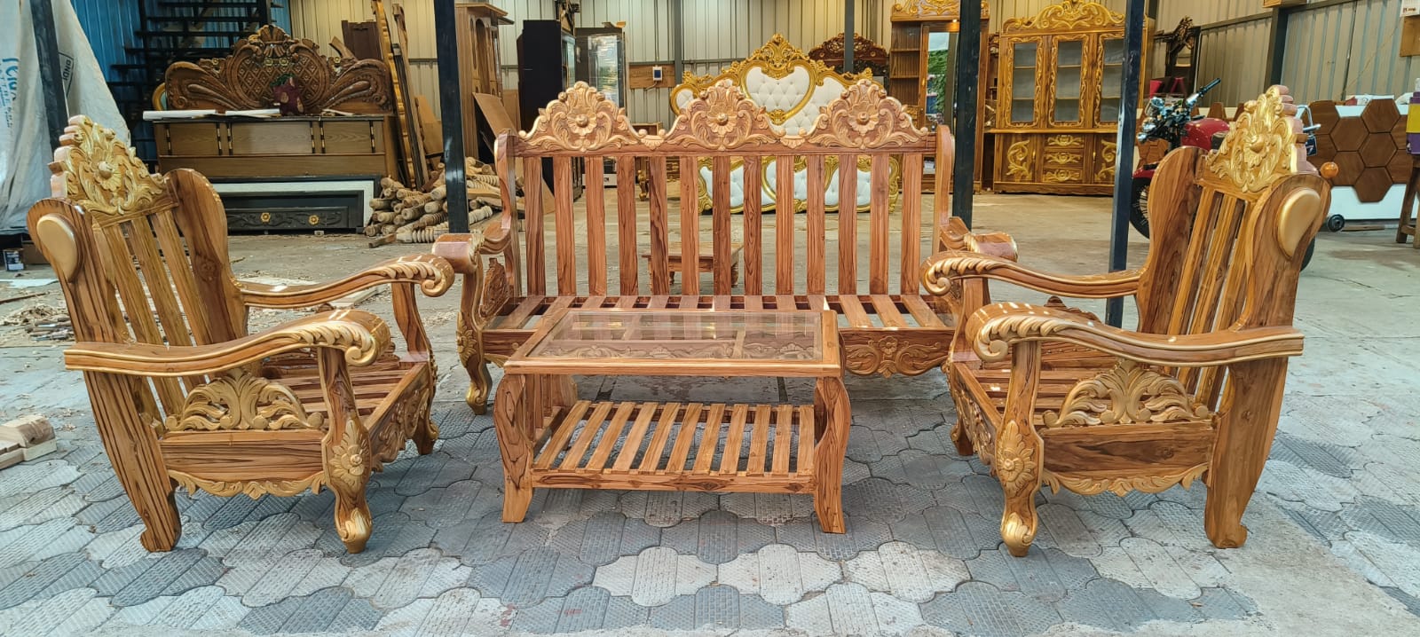 Teak Wood Sofa Set (3+1+1) with Center Table